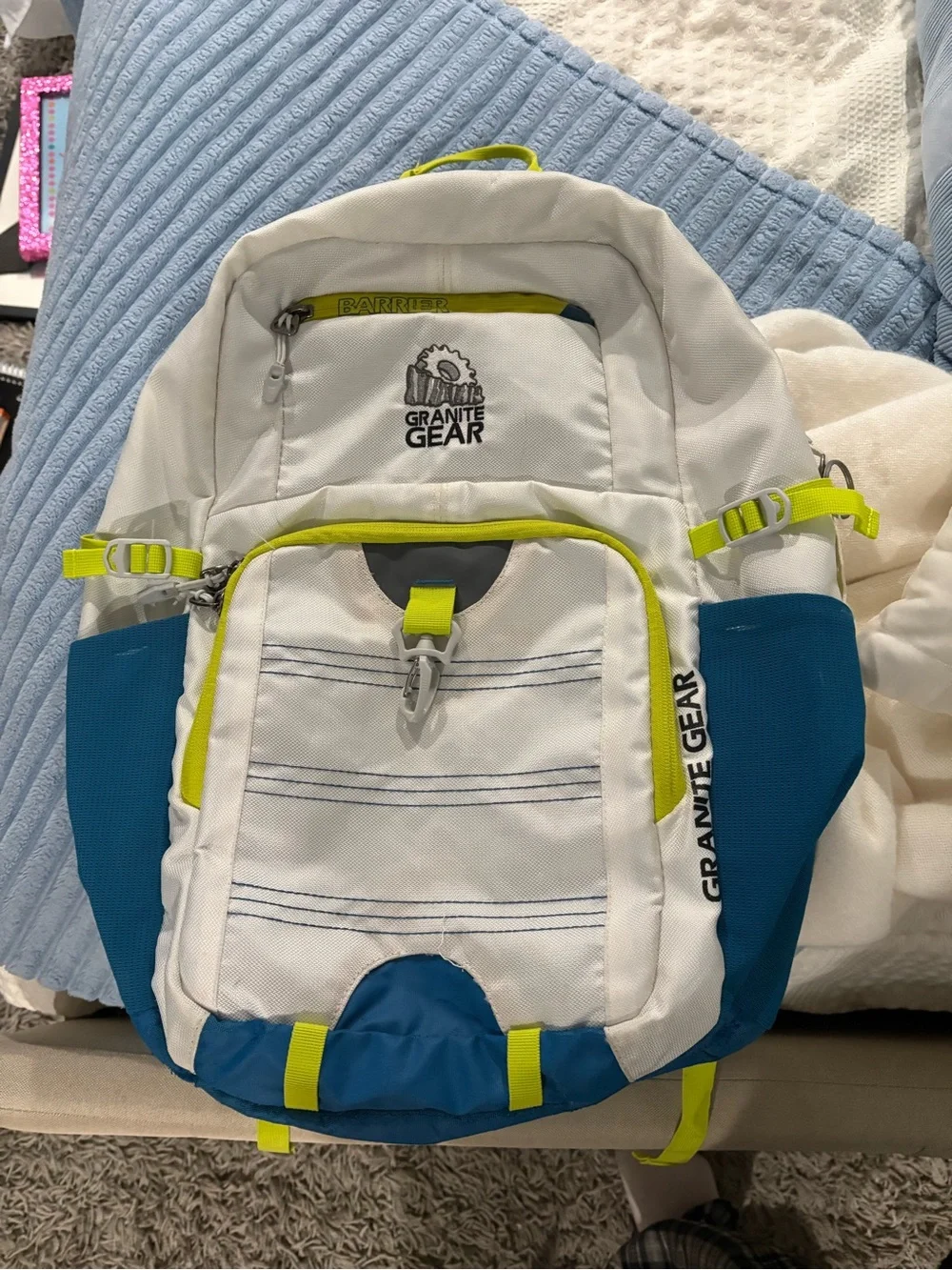 Granite Gear White & Blue Men’s Backpack with Neon Yellow Accents